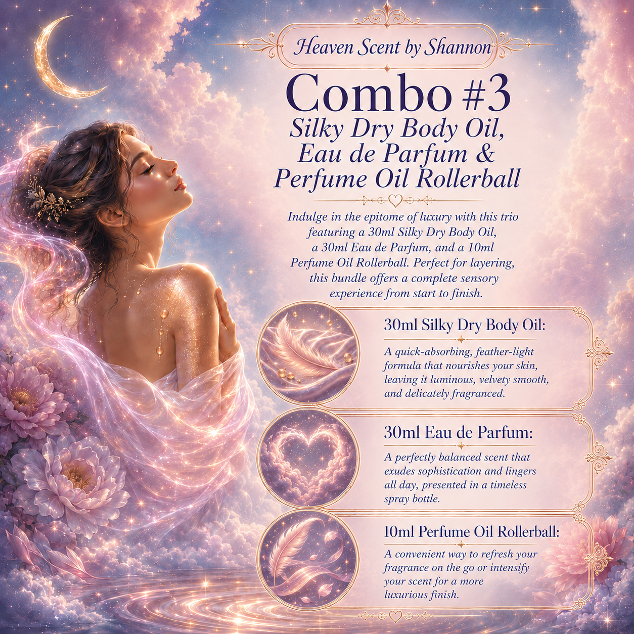 Combo 3 - 30ml EDP, 30ml Silky Dry Body Oil & 10ml Perfume Oil Rollerball